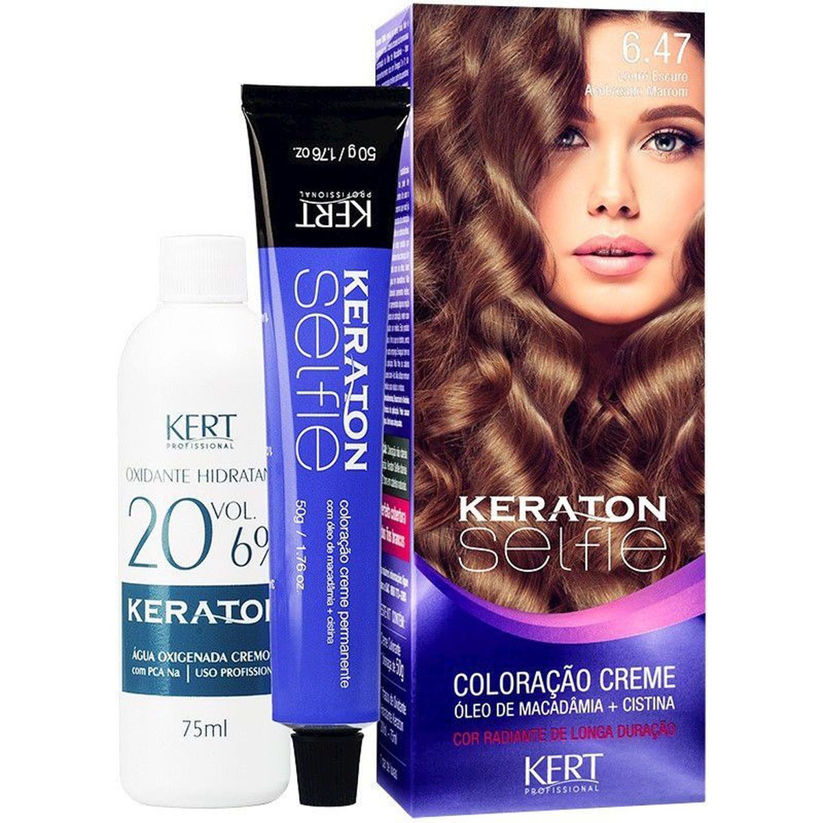 COLORAÇÃO KERATON SELFIE 6.47 LOURO ESCURO ACOBREADO MARROM KERT 50G