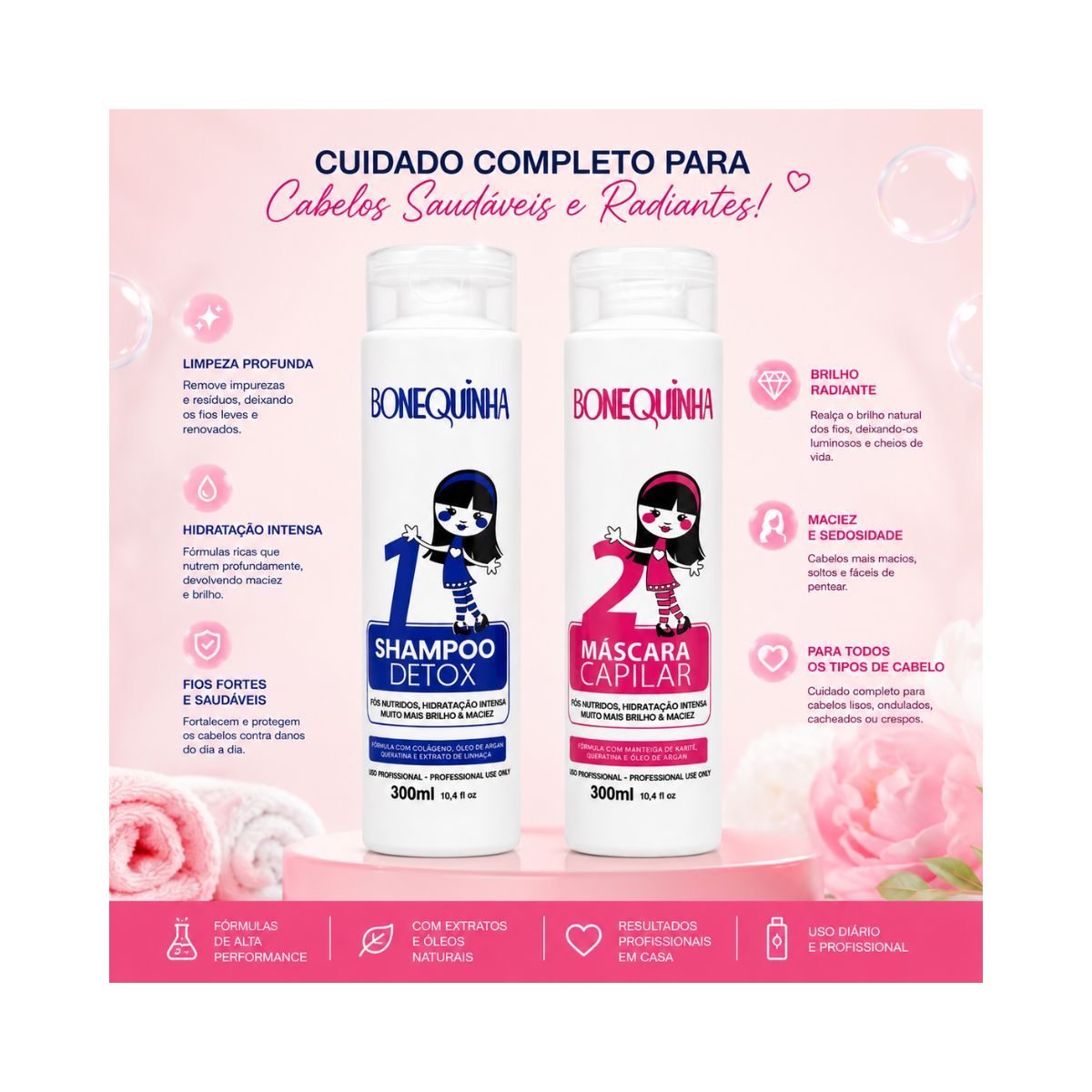 KIT ESCOVA ALINHADORA SHAMPOO E MÁSCARA BONEQUINHA 2 UN 300ML