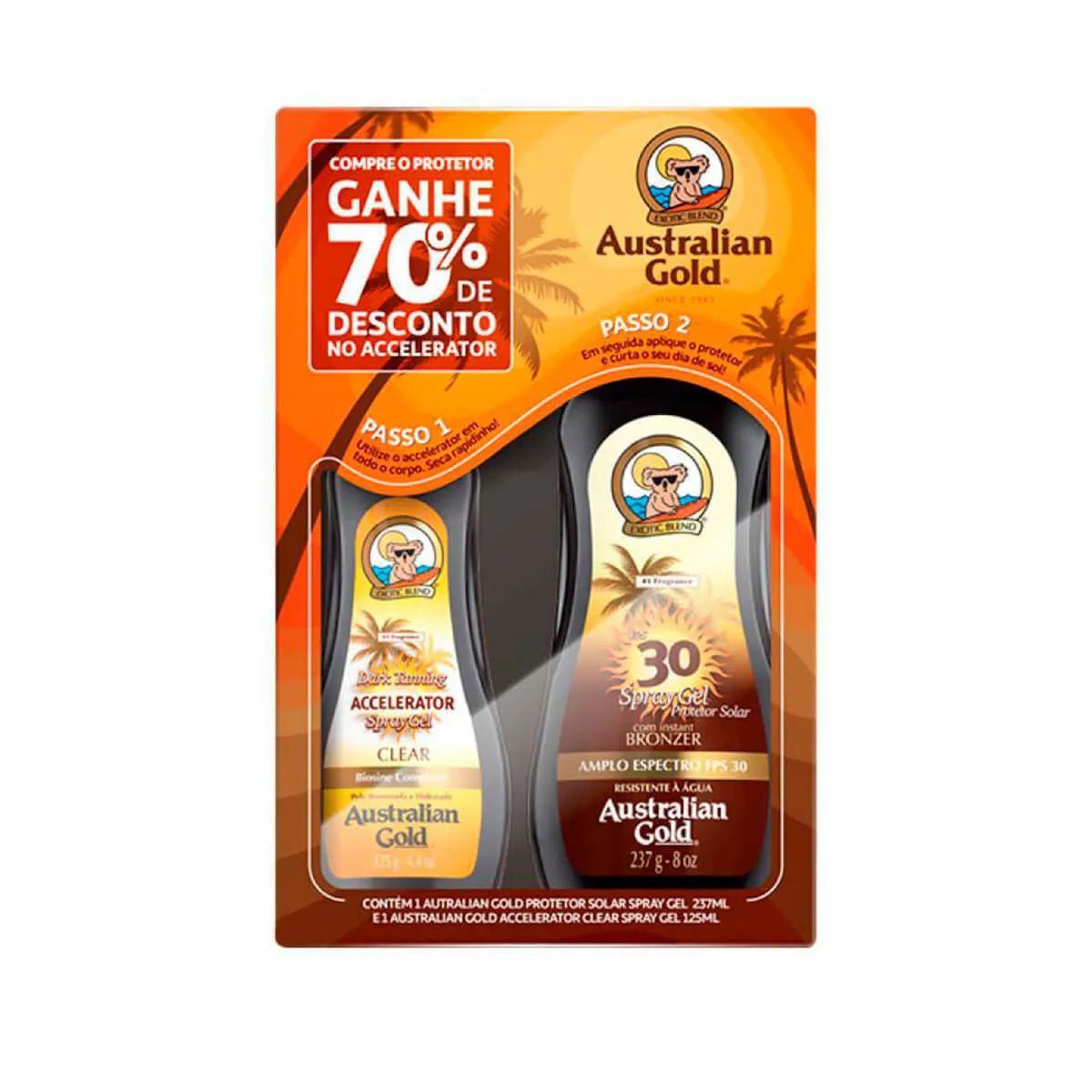 KIT PROTETOR SOLAR INSTANT BRONZE FPS30 + ACELERADOR DE BRONZEADO CLEAR DARK TAN