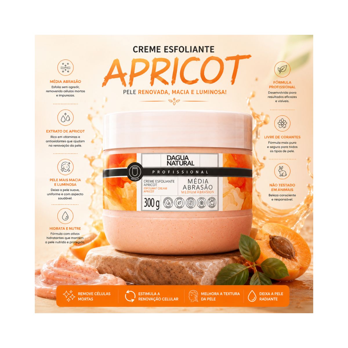 CREME ESFOLIANTE ÓLEO E SEMENTE DE APRICOT MÉDIA ABRASÃO DÁGUA NATURAL 300G