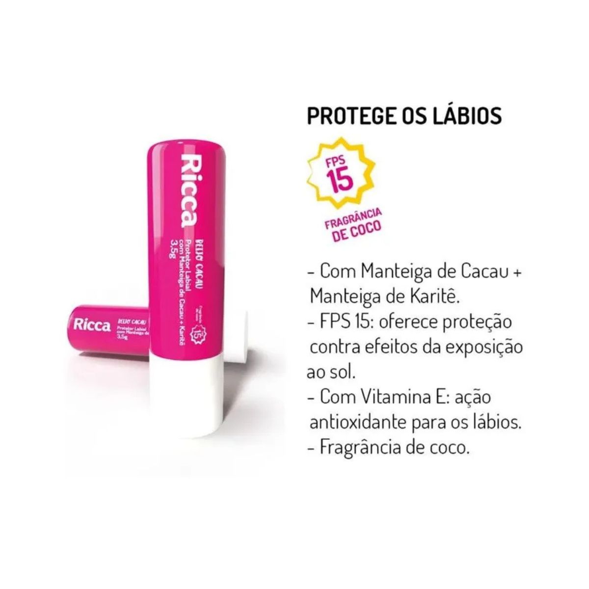 PROTETOR LABIAL COM MANTEIGA DE CACAU + KARITE FPS 15 RICCA 3,5G