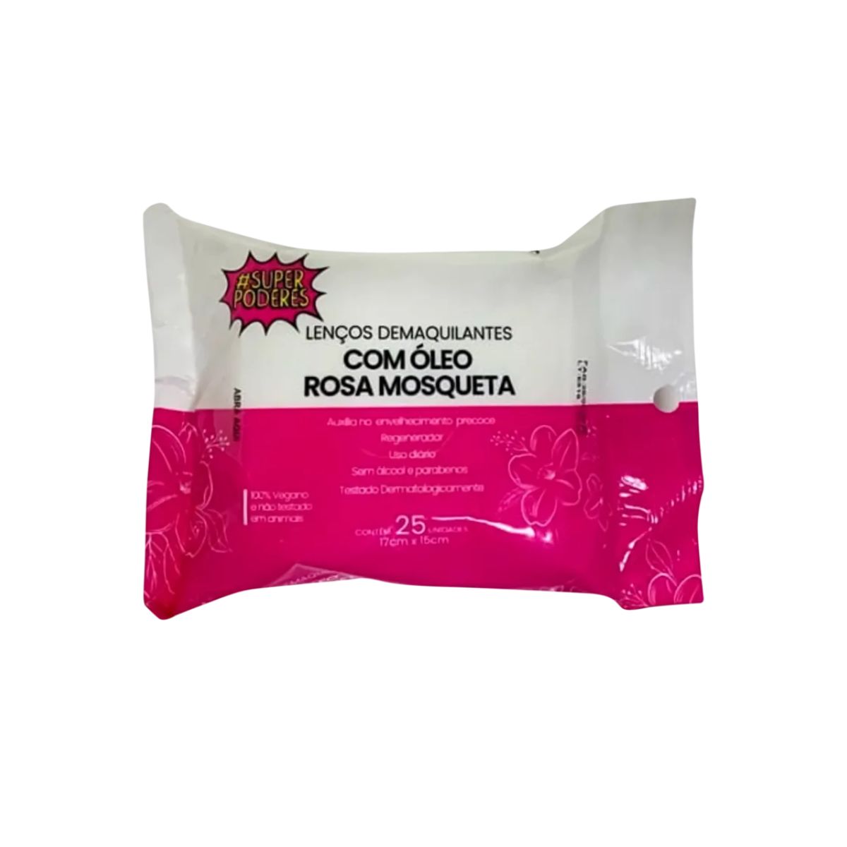 LENÇO DEMAQUILANTE SUPER PODERES ROSA MOSQUETA COM 25 UNIDADES