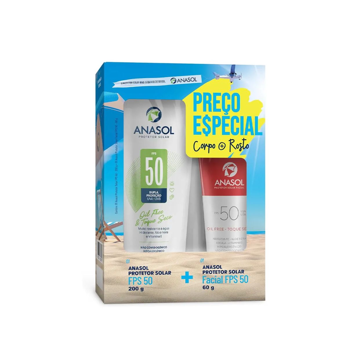CONJUNTO DE PROTETOR SOLAR FACIAL FPS 50 60G + CORPORAL FPS 50 200G ANASOL