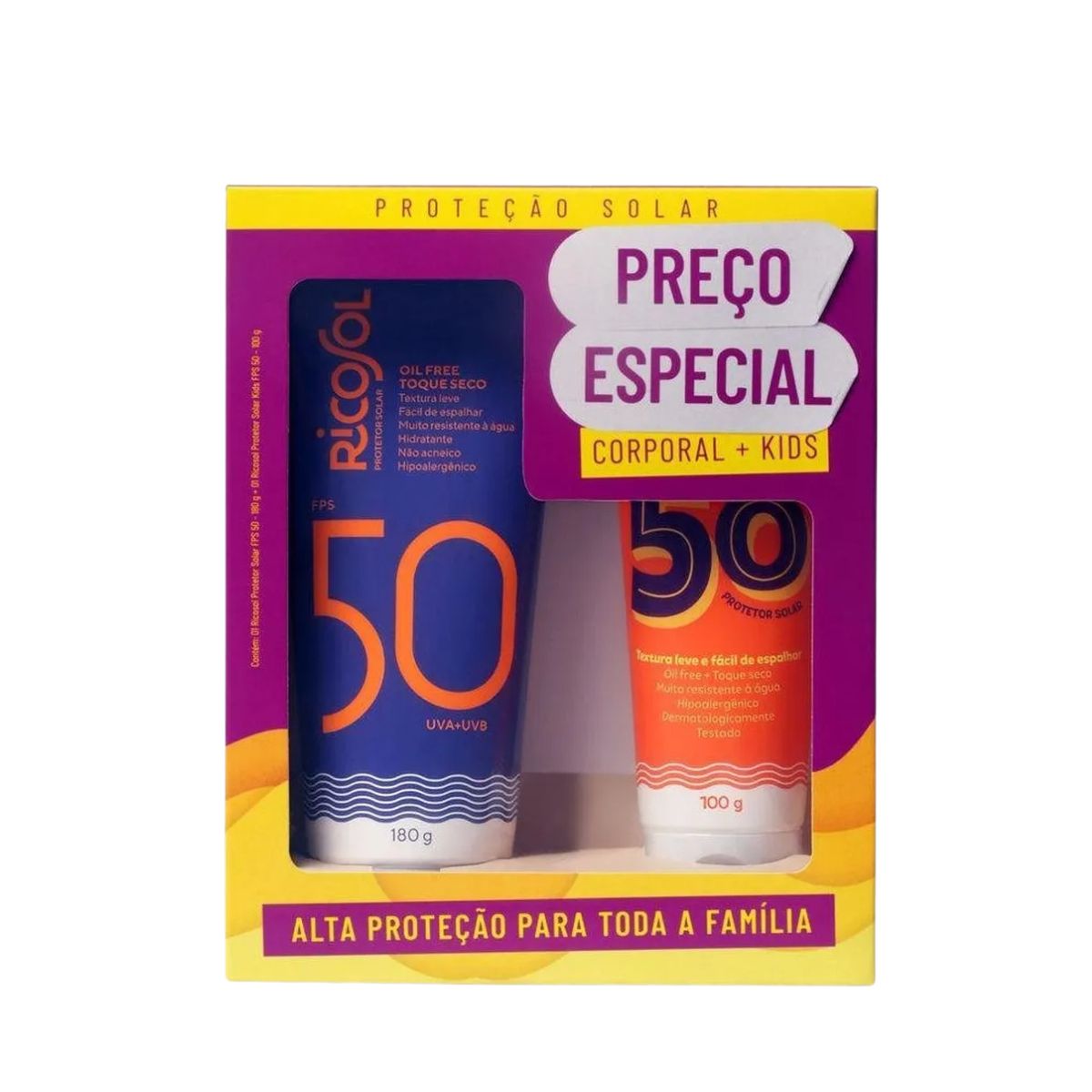 CONJUNTO DE PROTETOR SOLAR CORPORAL FPS 50 180G + KIDS FPS 50 100G RICOSOL
