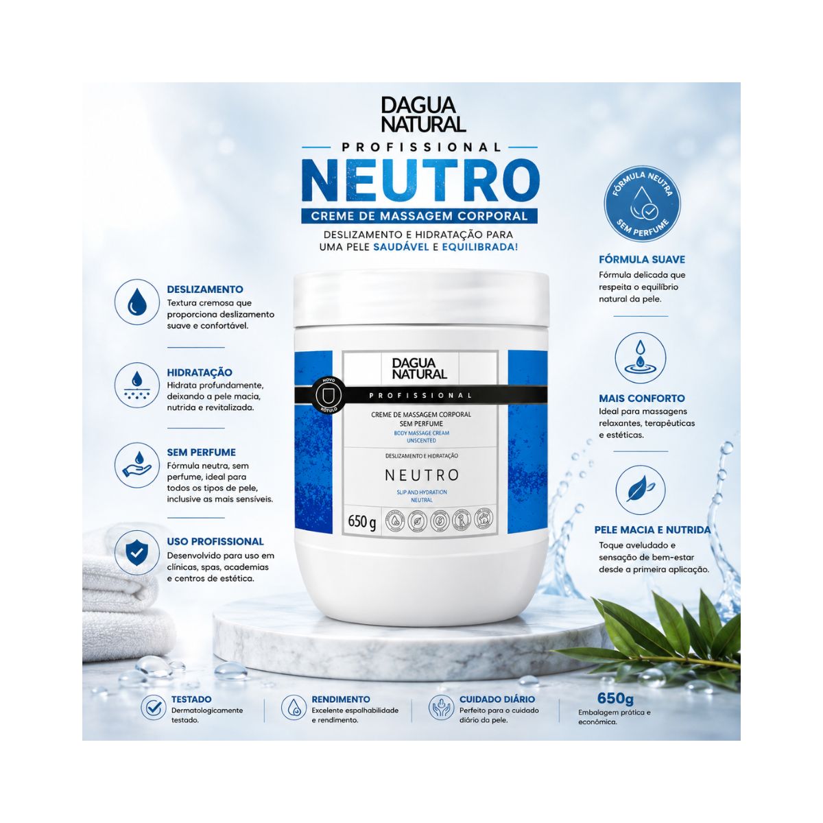 CREME DE MASSAGEM NEUTRO DÁGUA NATURAL 650G