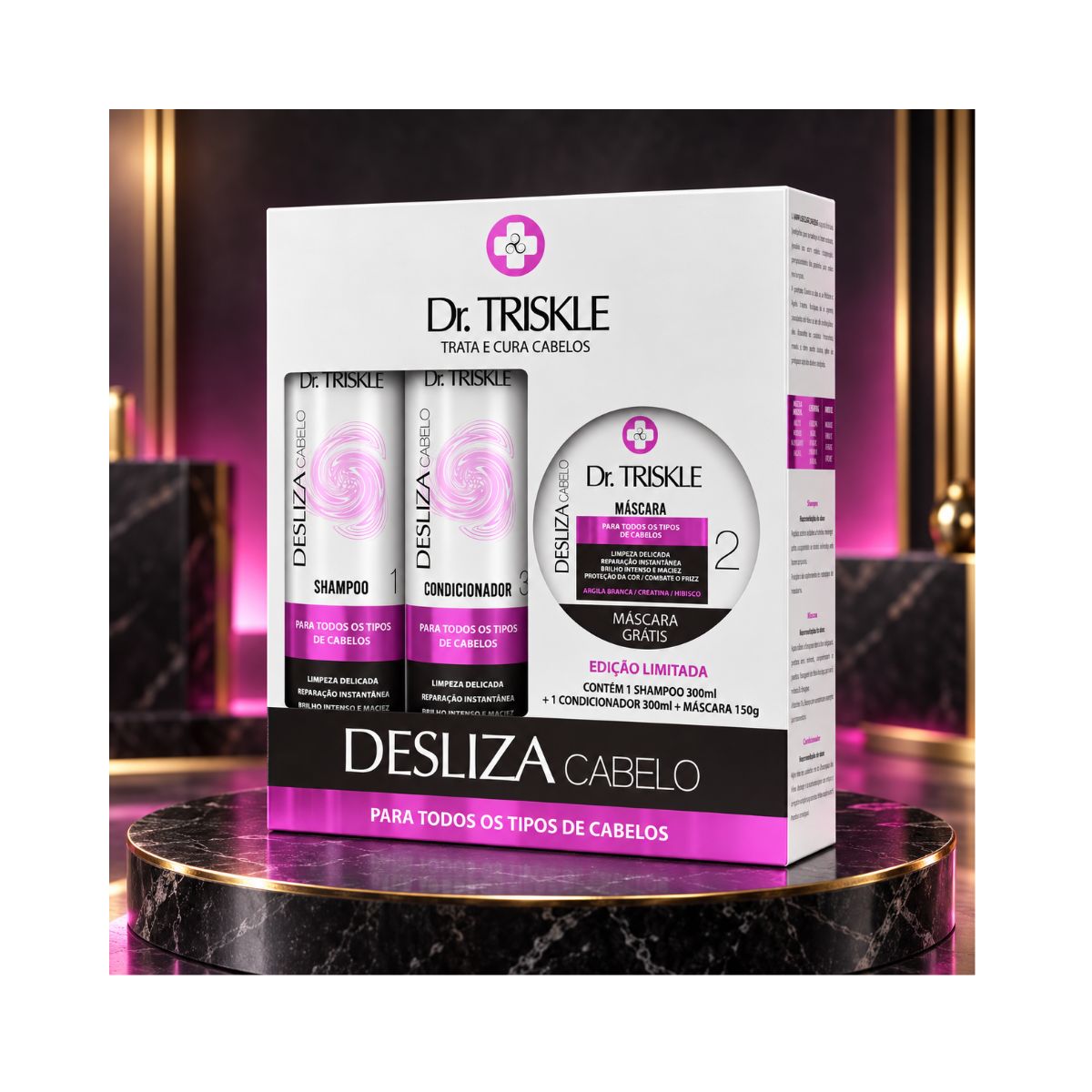 KIT SHAMPOO 300ML + CONDICIONADOR 300ML + MÁSCARA 150GR DESLIZA DR TRISKLE