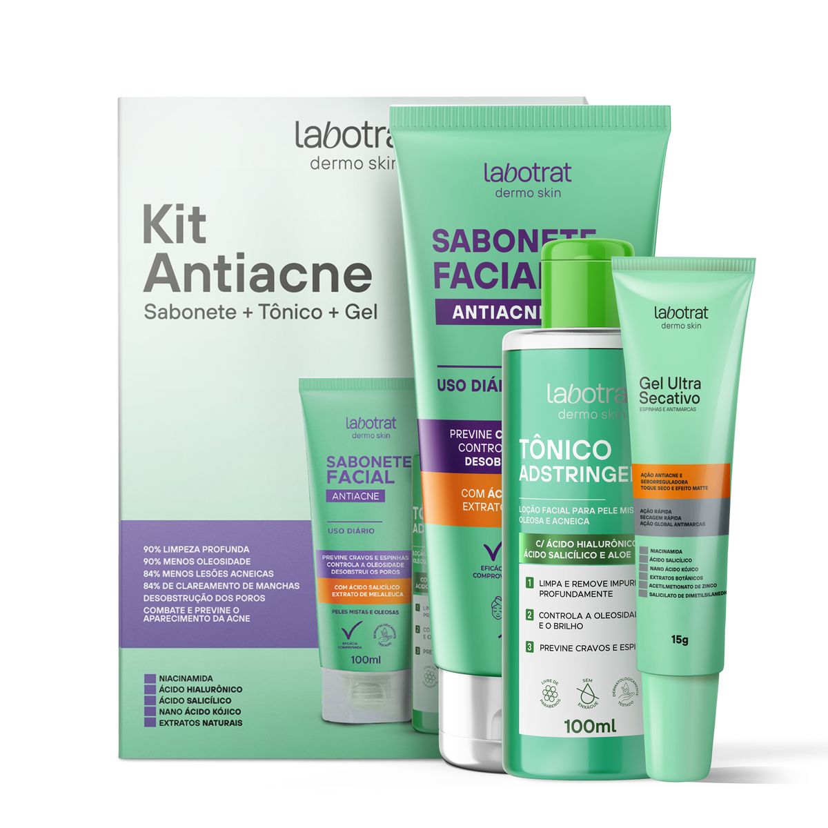 KIT FACIAL ANTIACNE SABONTE + TÔNICO + GEL DERMO SKIN LABOTRAT