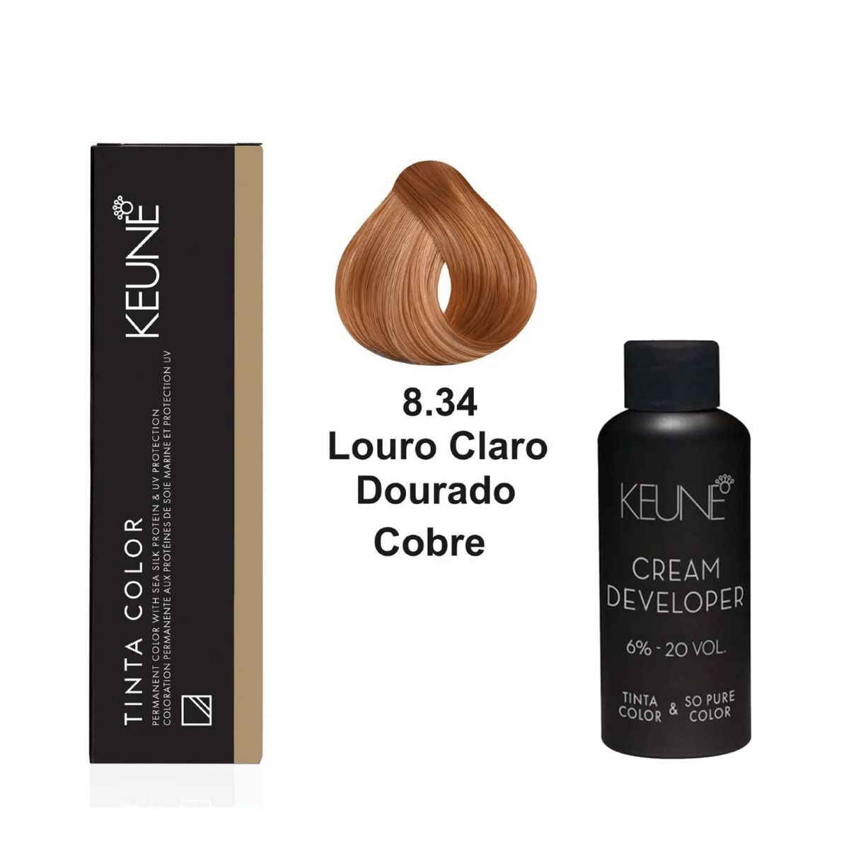 KIT 2 TINTAS KEUNE COLOR 8.34 60ML + 2 OX CREAM DEV 20 VOL 6% 60ML