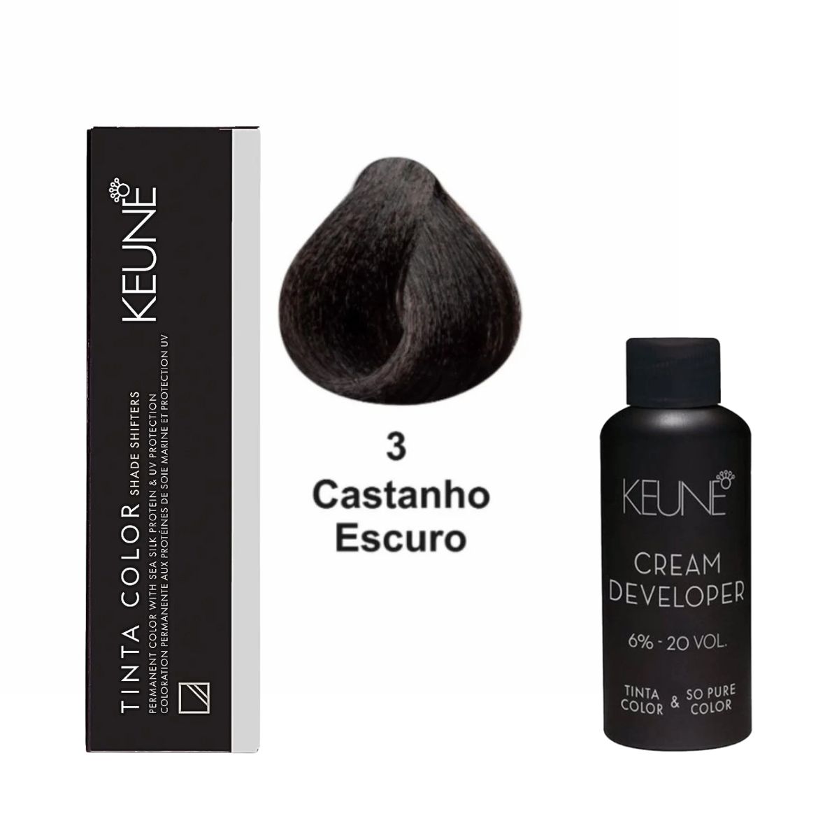 KIT 2 TINTAS KEUNE COLOR 3 60ML + 2 OX CREAM DEV 20 VOL 6% 60ML