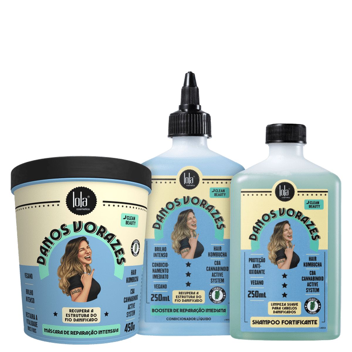 KIT LOLA COSMETICS DANOS VORAZES BOOSTER 250ML + MÁSCARA 450G + SHAMPOO 250ML