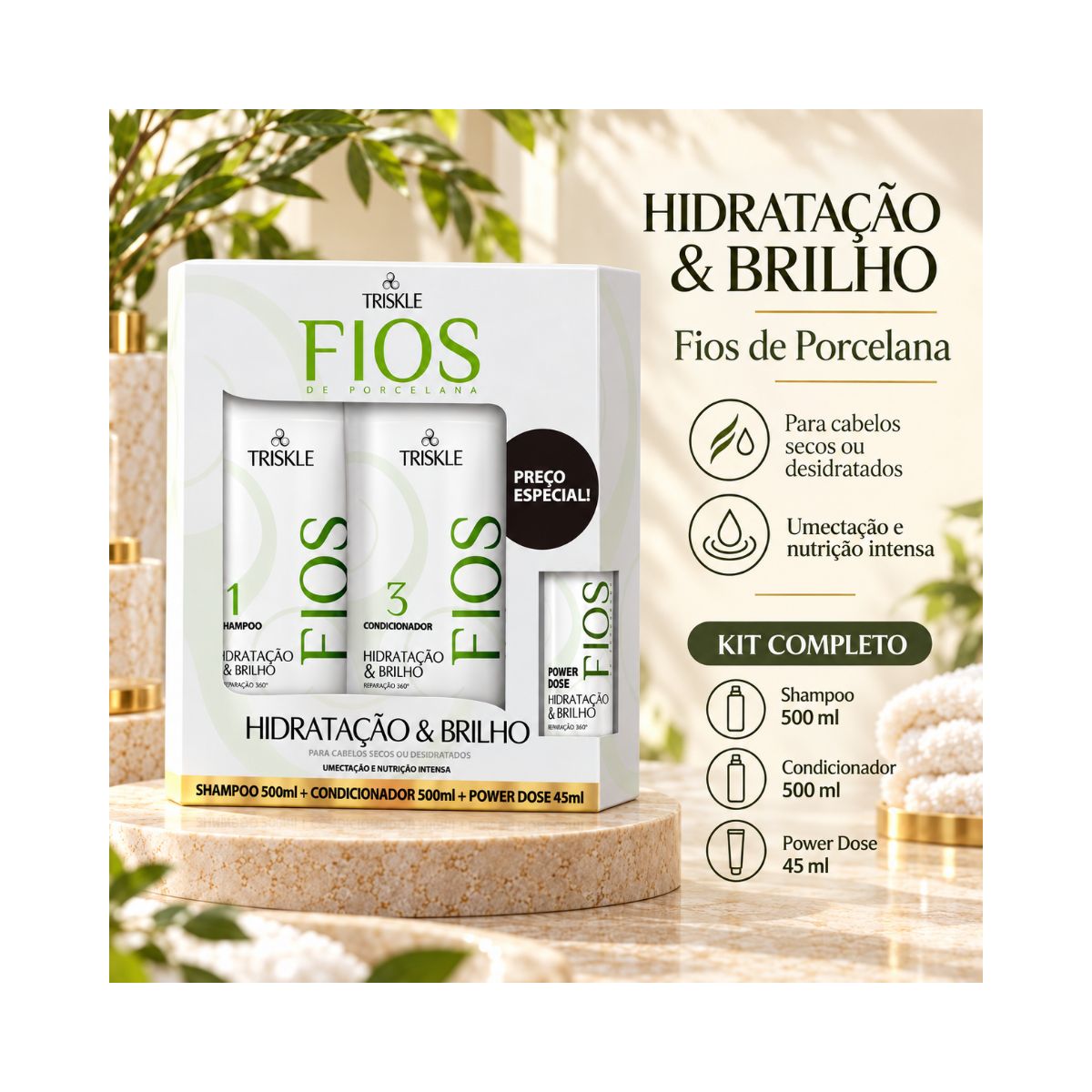 KIT FIOS HIDRATAÇÃO E BRILHO SHAMPOO 500ML + CONDICIONADOR 500ML + POWER DOSE 45