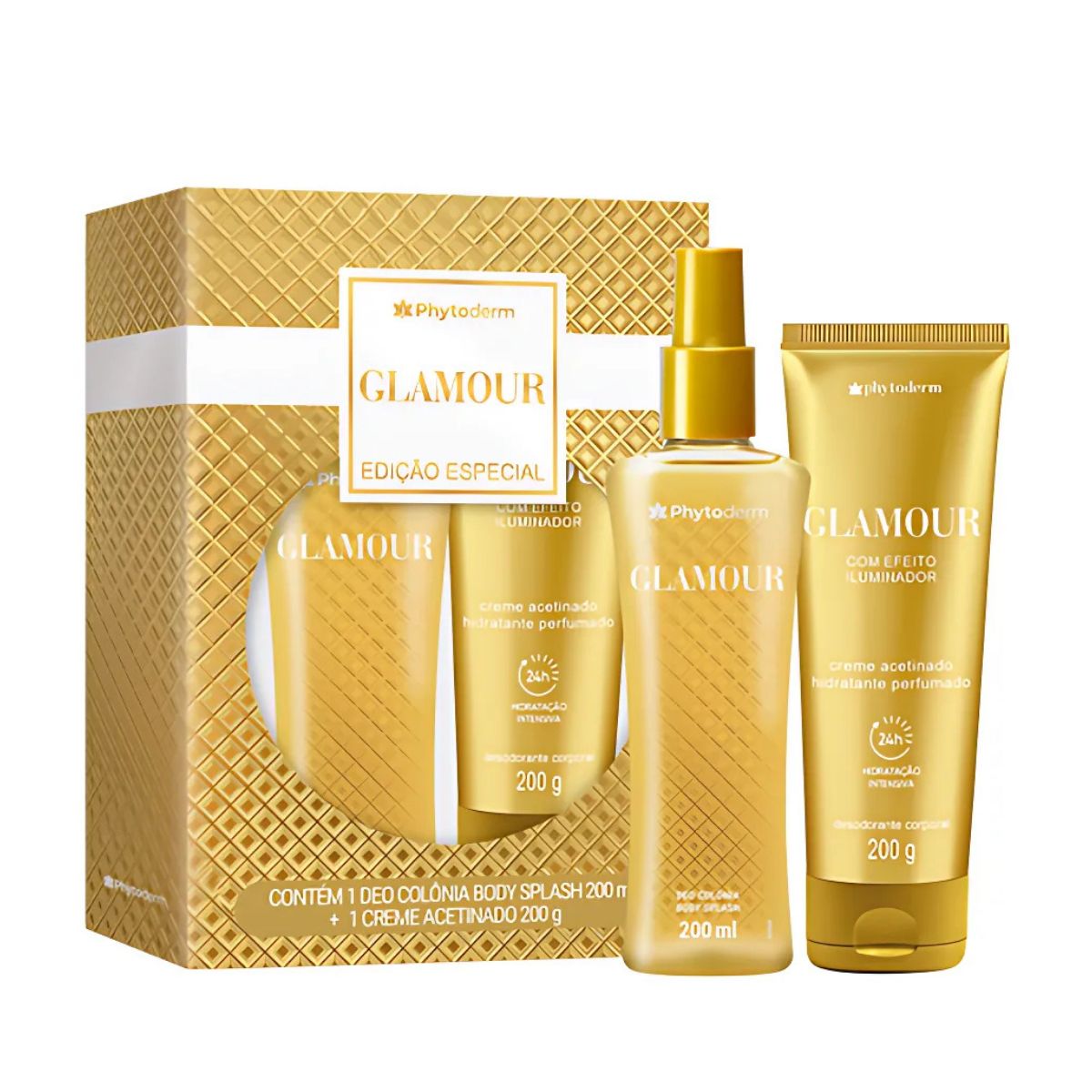 KIT GLAMOUR BODY SPLASH 200ML + CREME ACETINADO PHYTODERM 200G