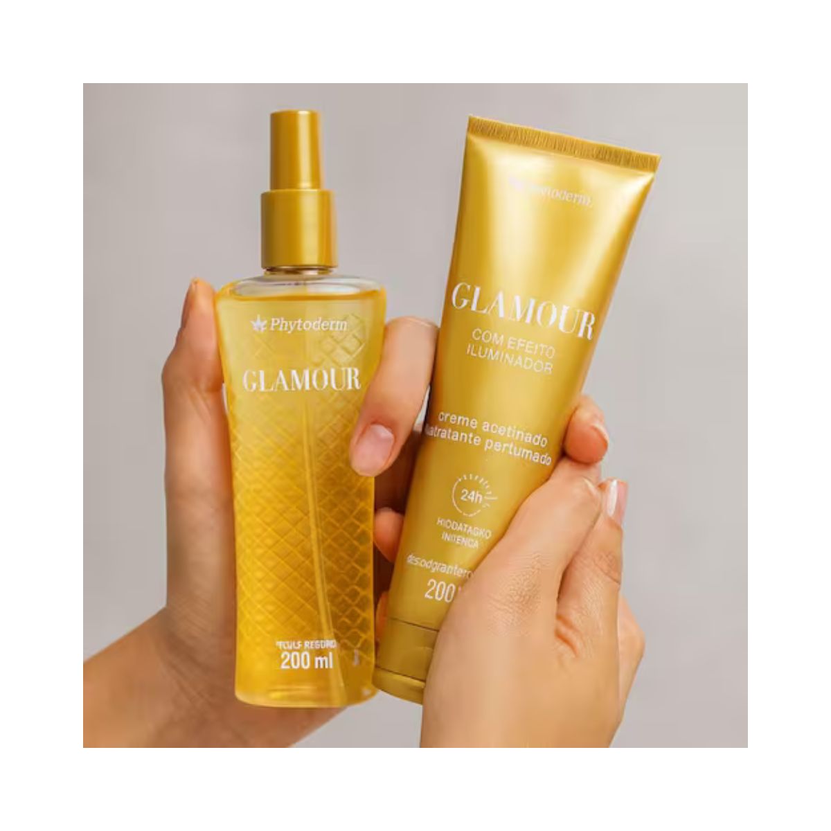 KIT GLAMOUR BODY SPLASH 200ML + CREME ACETINADO PHYTODERM 200G