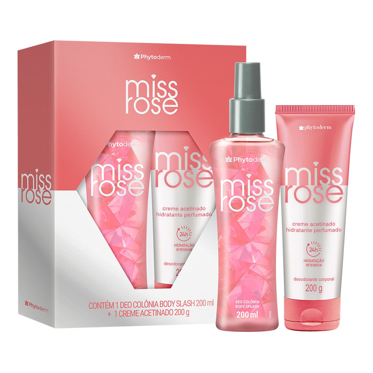 KIT MISS ROSE BODY SPLASH 200ML + CREME ACETINADO PHYTODERM 200G