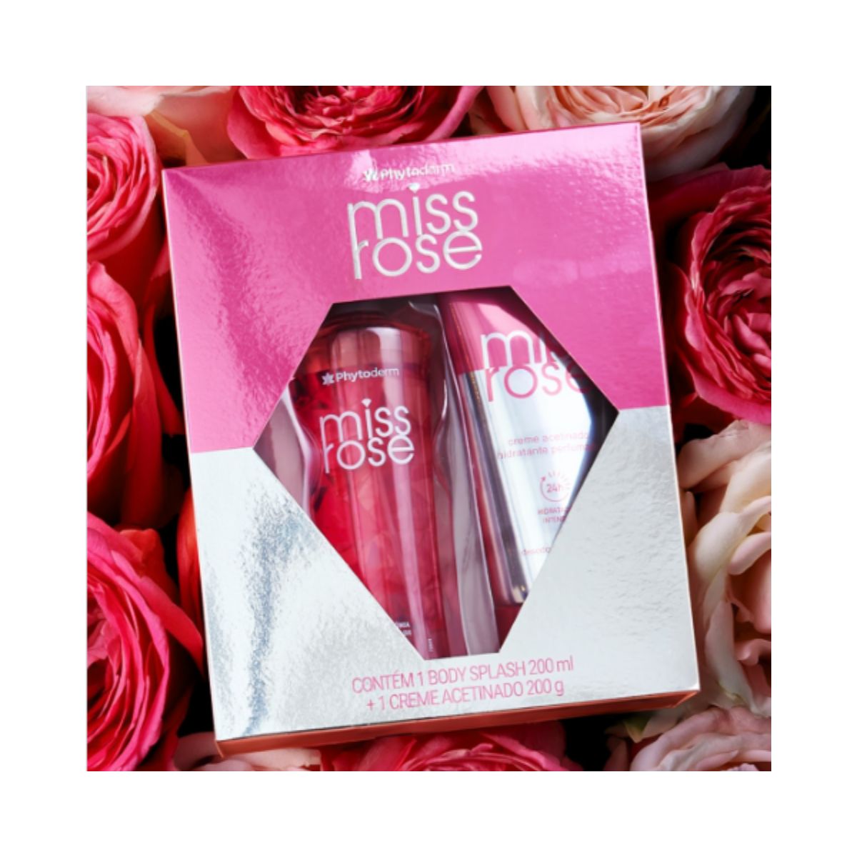 KIT MISS ROSE BODY SPLASH 200ML + CREME ACETINADO PHYTODERM 200G