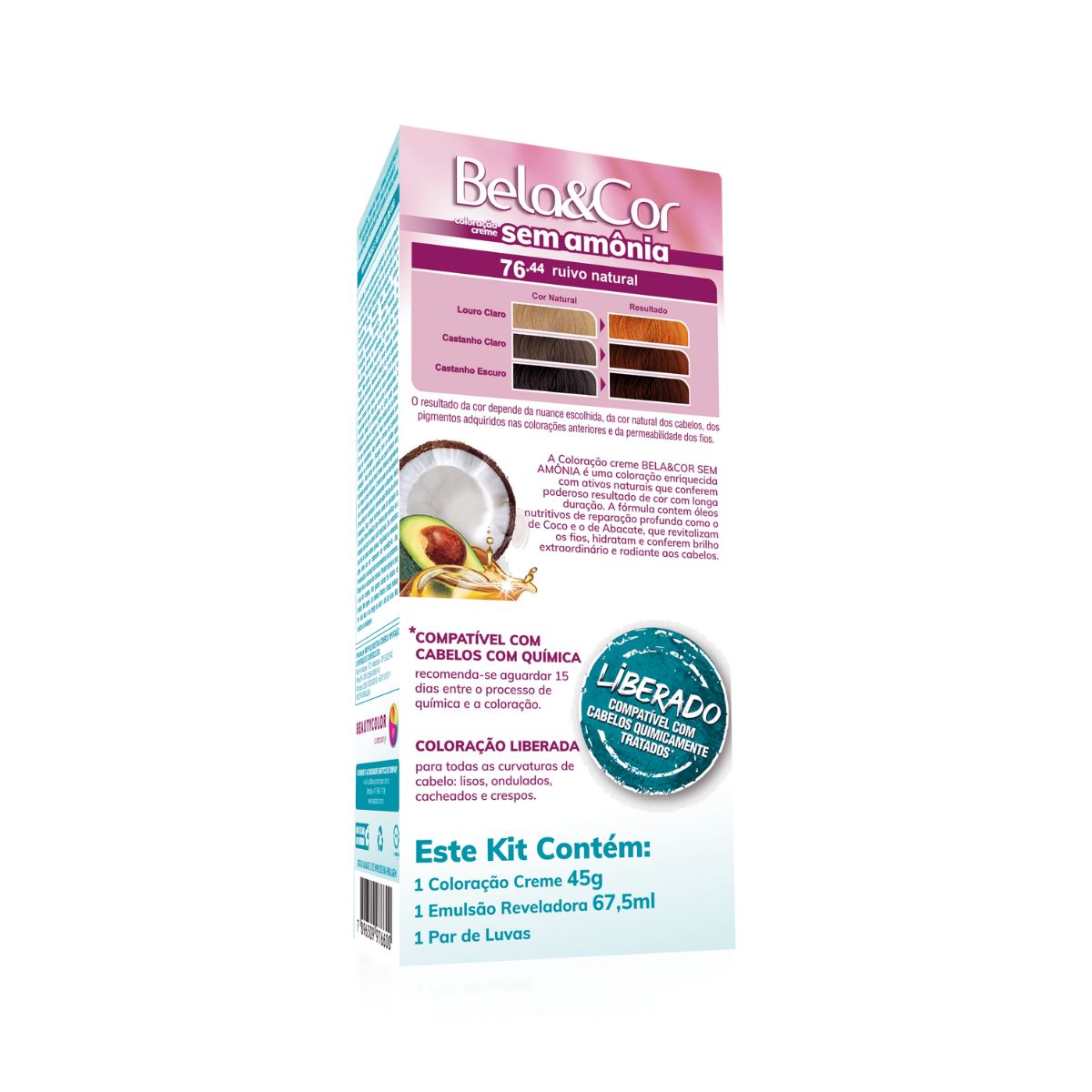 COLORAÇÃO SEM AMÔNIA KIT 76.44 RUIVO NATURAL BELA&COR