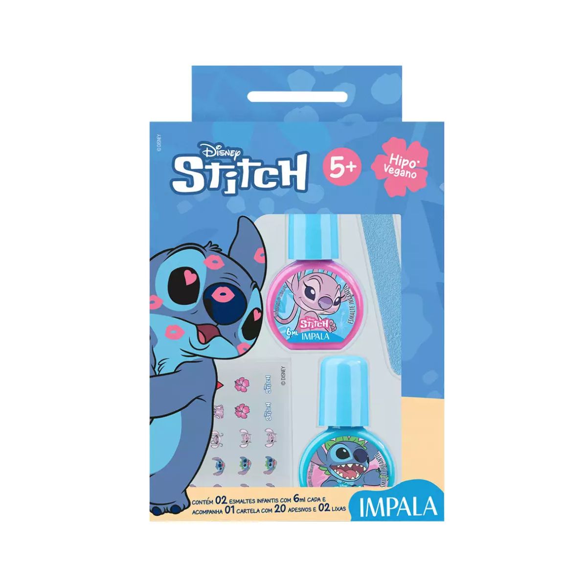 KIT INFANTIL 2 ESMALTES + LIXA + ADESIVO DE UNHA STITCH IMPALA