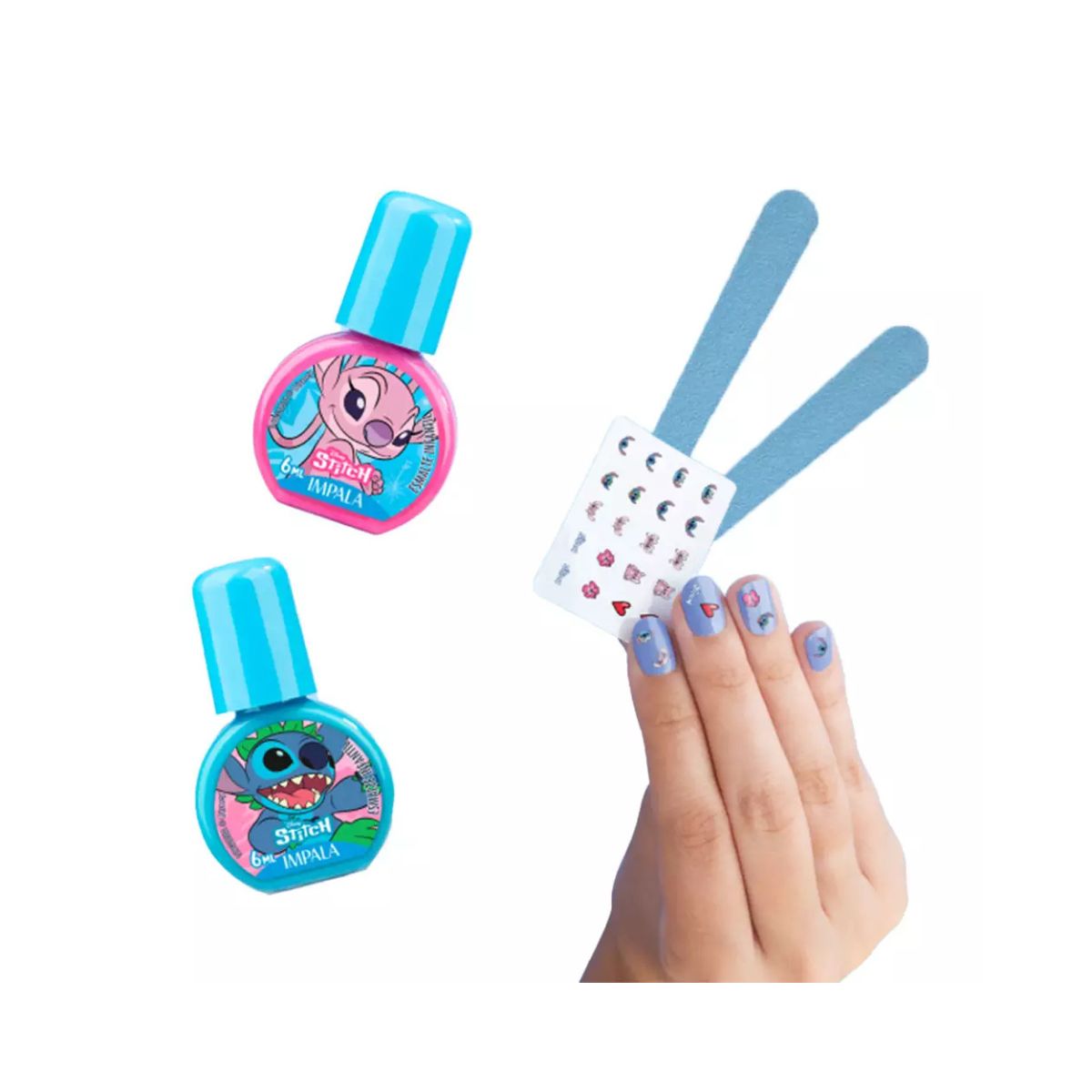 KIT INFANTIL 2 ESMALTES + LIXA + ADESIVO DE UNHA STITCH IMPALA