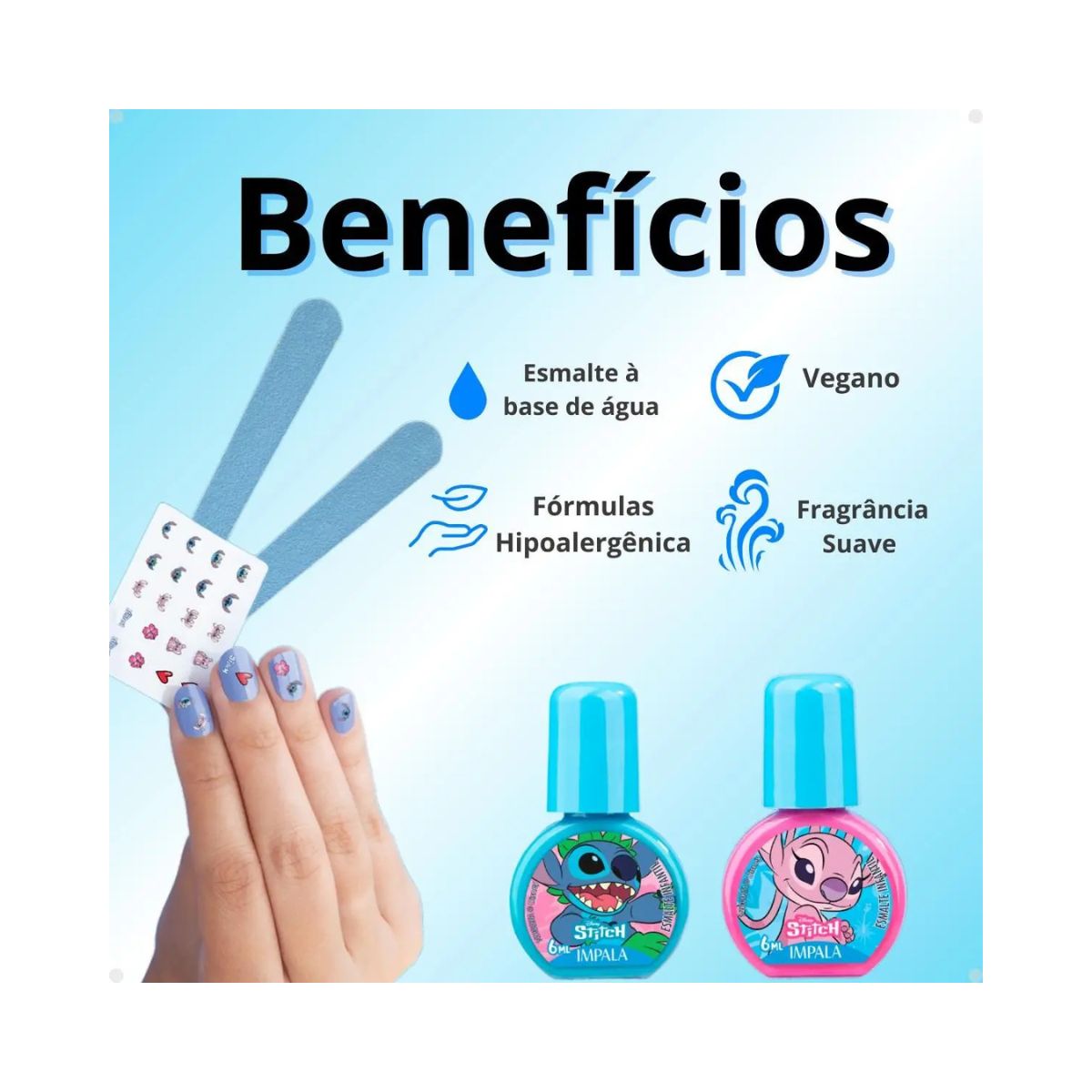 KIT INFANTIL 2 ESMALTES + LIXA + ADESIVO DE UNHA STITCH IMPALA