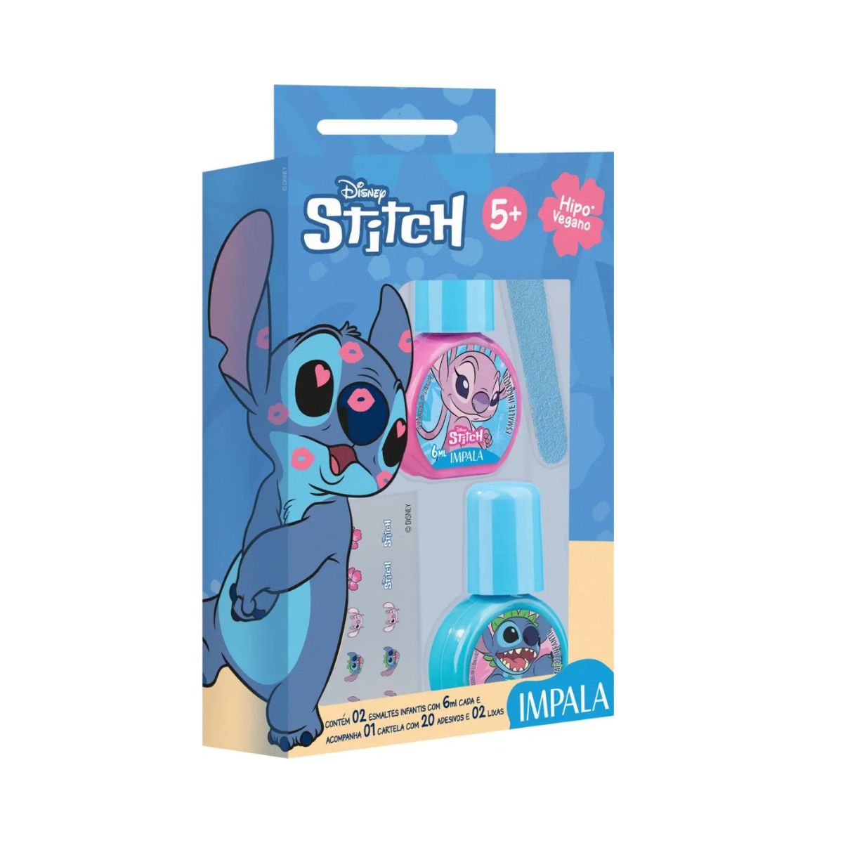 KIT INFANTIL 2 ESMALTES + LIXA + ADESIVO DE UNHA STITCH IMPALA