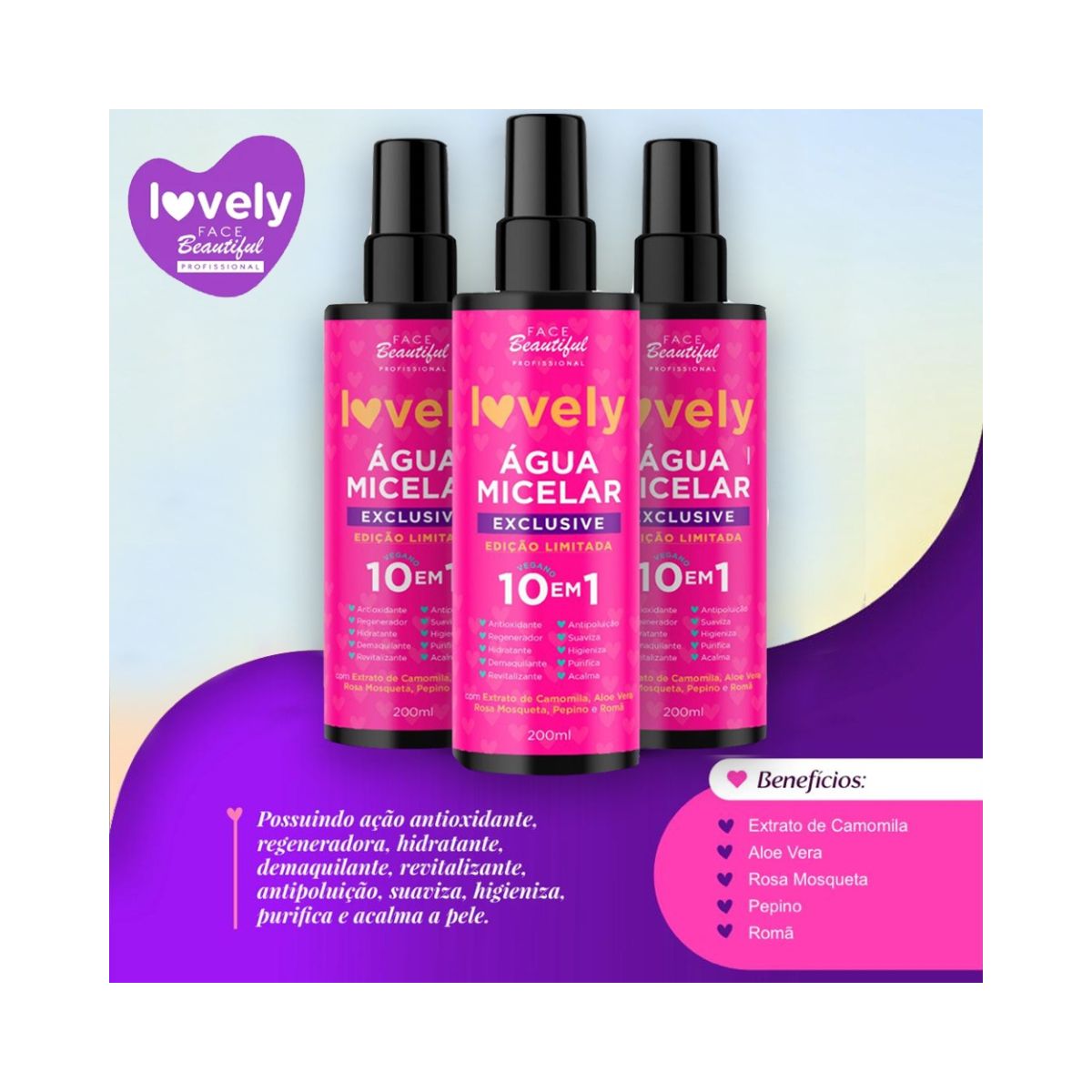 ÁGUA MICELAR LOVELY 10 EM 1 FACE BEAUTIFUL 200ML
