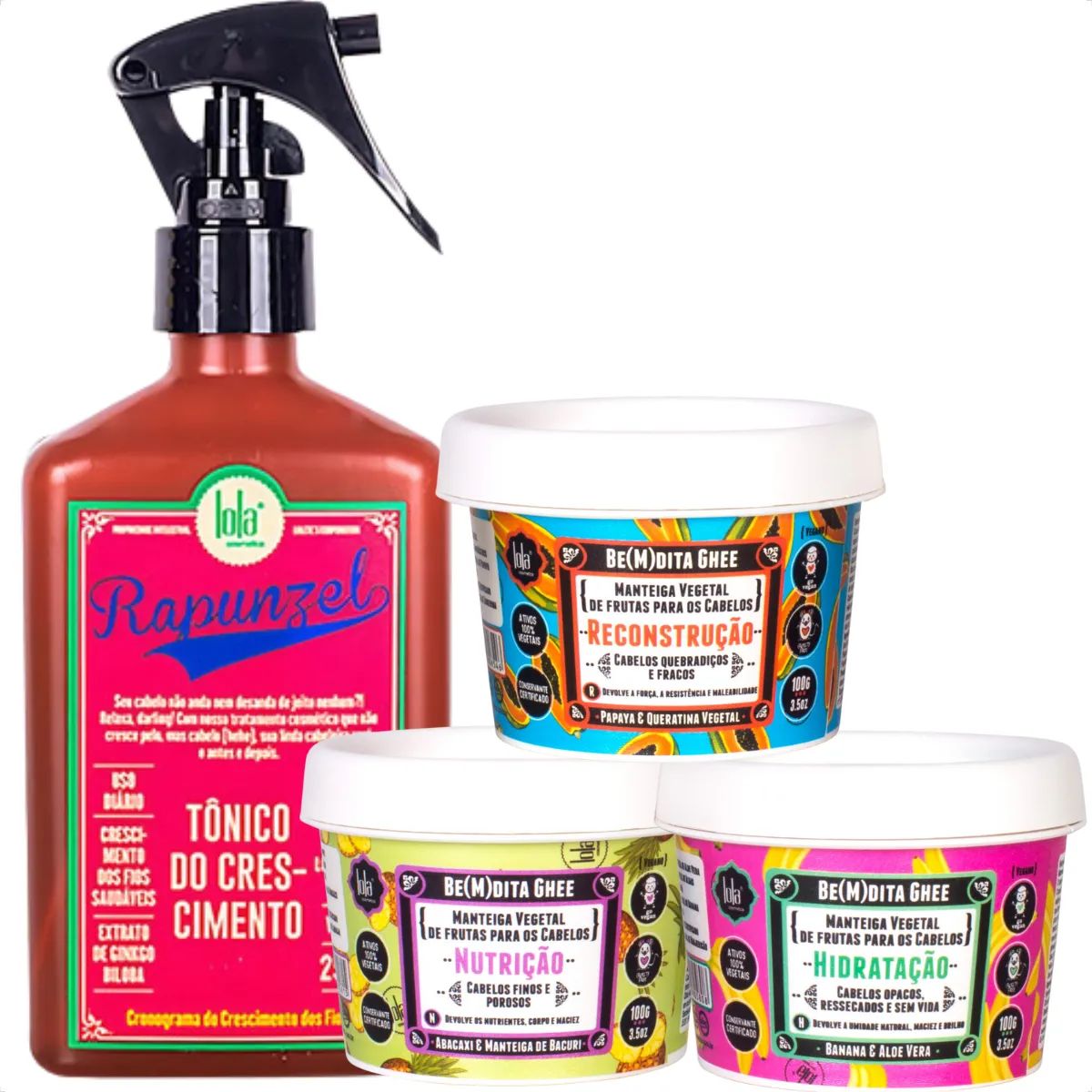 KIT LOLA COSMETICS - TONICO RAPUNZEL + 3 BEMDITA GHEE 100G