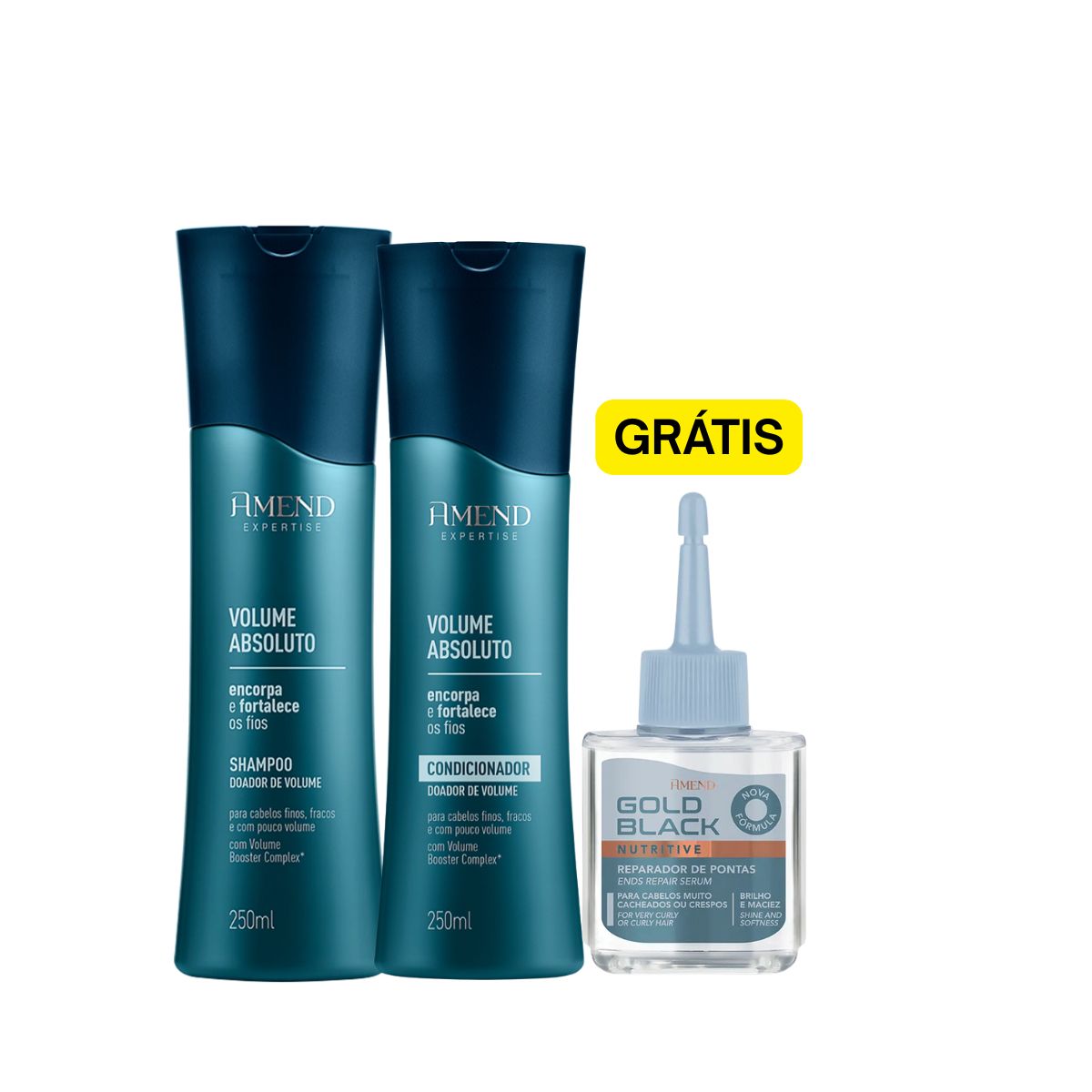 KIT AMEND SHAMPOO + CONDICIONADOR VOLUME ABSOLUTO + REPARADOR DE PONTAS GOLD BLA