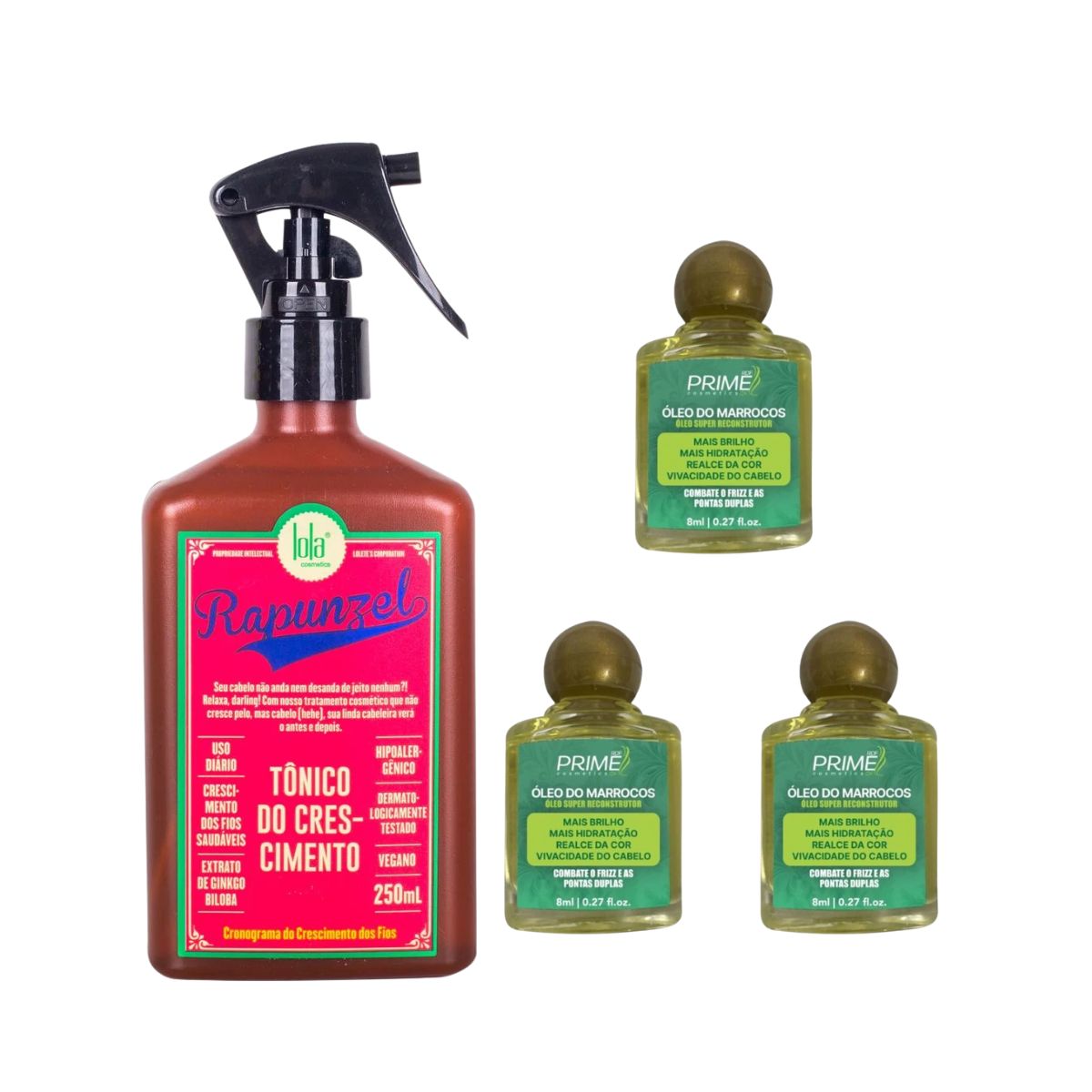 KIT LOLA COSMETICS TÔNICO DE CRESCIMENTO RAPUNZEL + 3 ÓLEOS MARROQUINOS PRIME