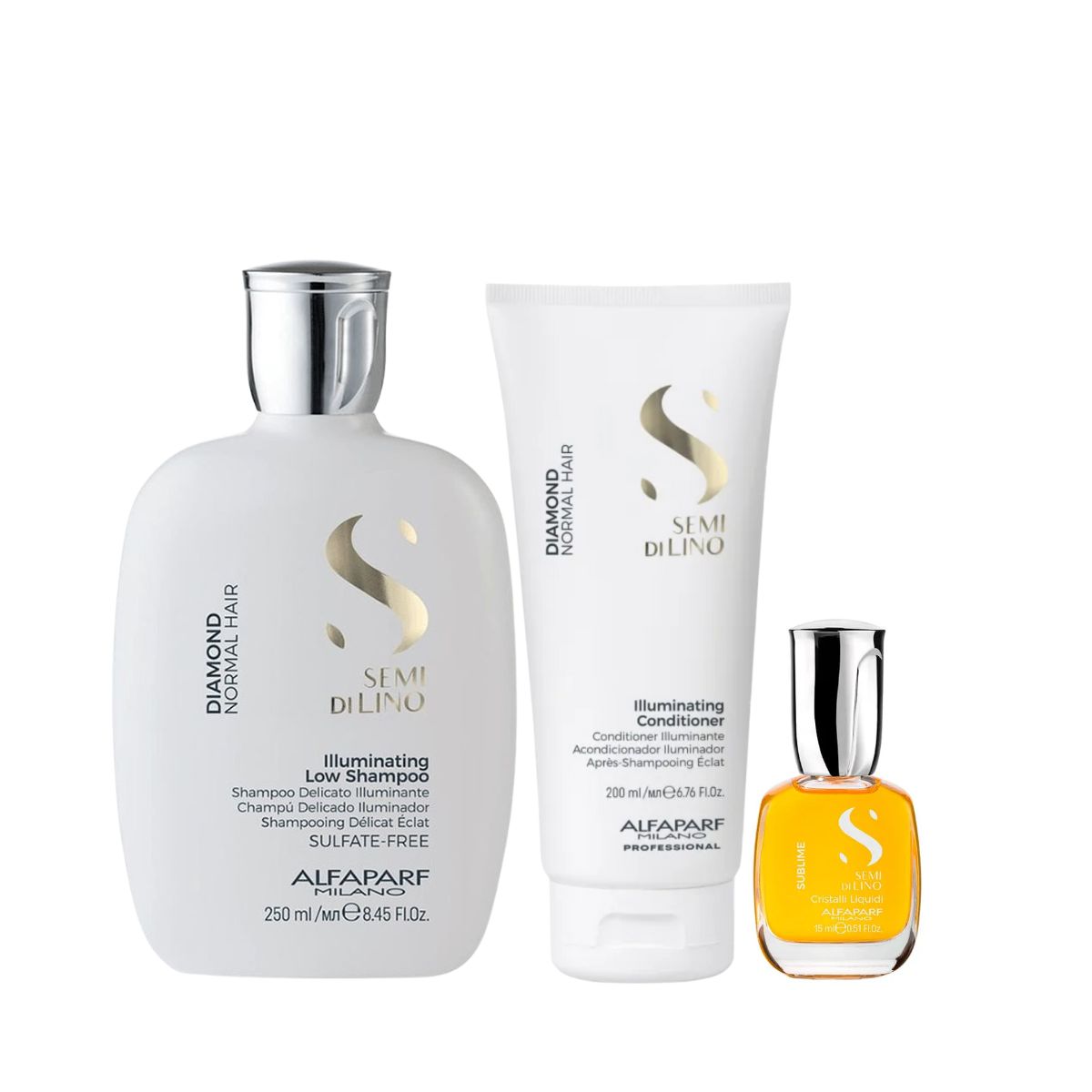 KIT ALFAPARF SEMI DI LINO DIAMOND SHAMPOO 250ML+CONDICIONADOR 200ML+OLEO CRISTAL