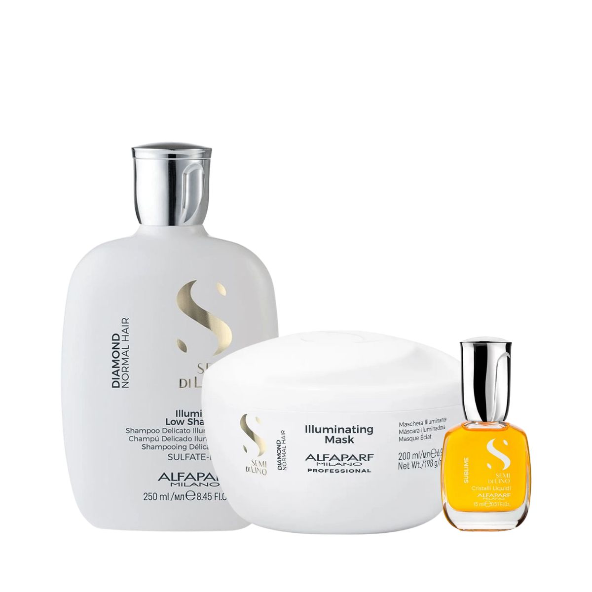 KIT ALFAPARF SEMI DI LINO DIAMOND SHAMPOO 250ML + MÁSCARA 200ML + OLEO CRISTALLI