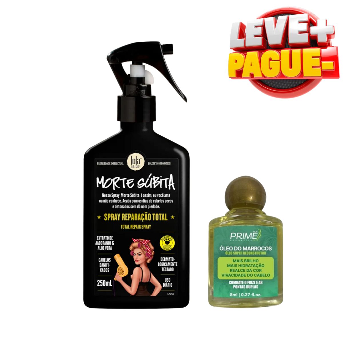KIT LOLA COSMETICS SPRAY REPARAÇÃO MORTE SÚBITA 250ML + ÓLEO DE ARGAN MARROCOS P