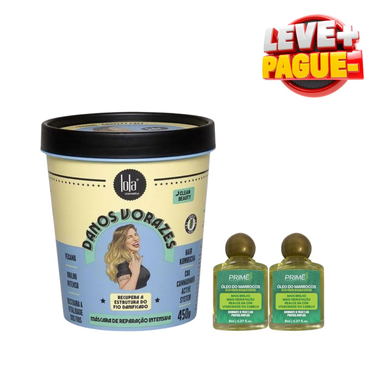 KIT LOLA COSMETICS MÁSCARA DANOS VORAZES 450G + 2 ÓLEOS DE ARGAN MARROCOS PRIME 