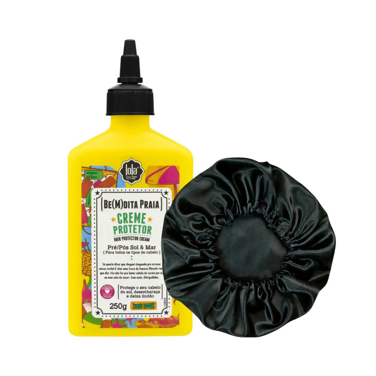 KIT LOLA COSMETICS CREME BEMDITA GHEE PRÉ E PÓS PRAIA 250G + TOUCA DE CETIM ANTI