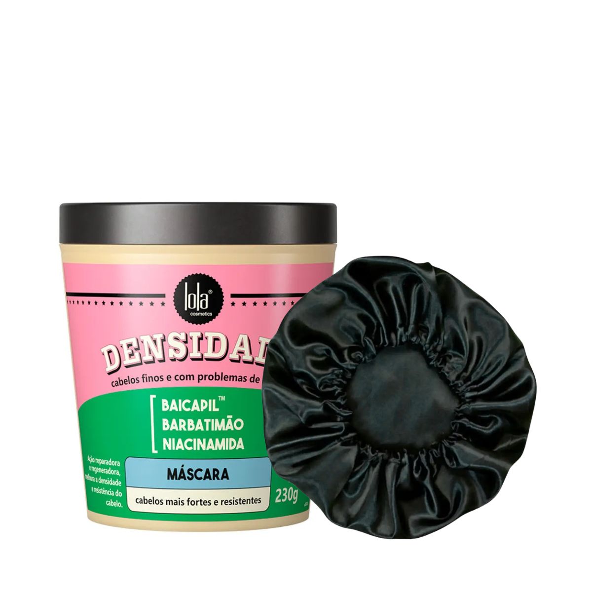 KIT LOLA COSMETICS MÁSCARA DENSIDADE 230G + TOUCA DE CETIM ANTI FRIZZ