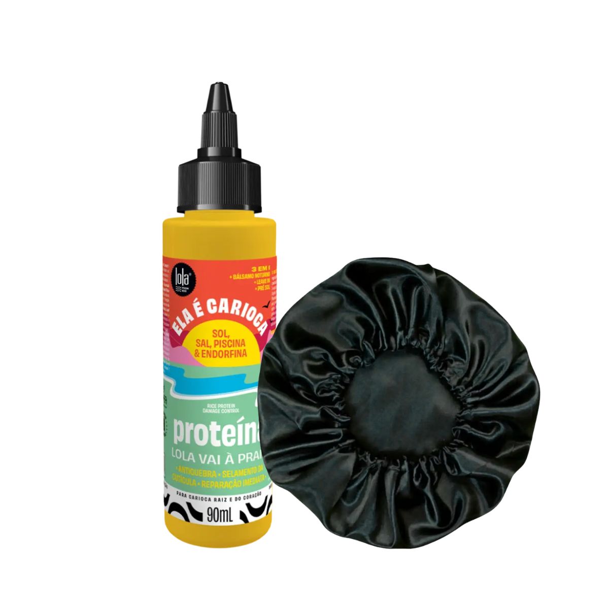 KIT LOLA COSMETICS PROTEÍNA ELA É CARIOCA 3 EM 1 90ML + TOUCA DE CETIM ANTI FRIZ