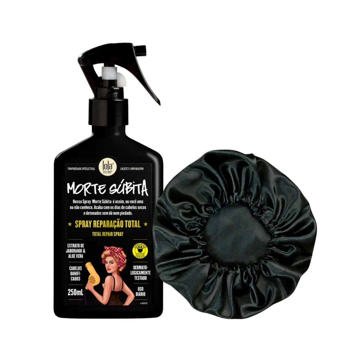 KIT LOLA COSMETICS SPRAY REPARAÇÃO MORTE SÚBITA 250ML + TOUCA DE CETIM ANTI FRIZ