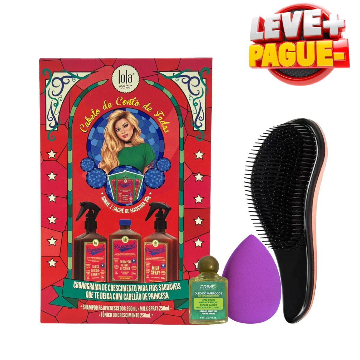 KIT LOLA RAPUNZEL + ESCOVA MÁGICA ANTI FRIZZ + ÓLEO DE ARGAN MARROCOS + ESPONJA