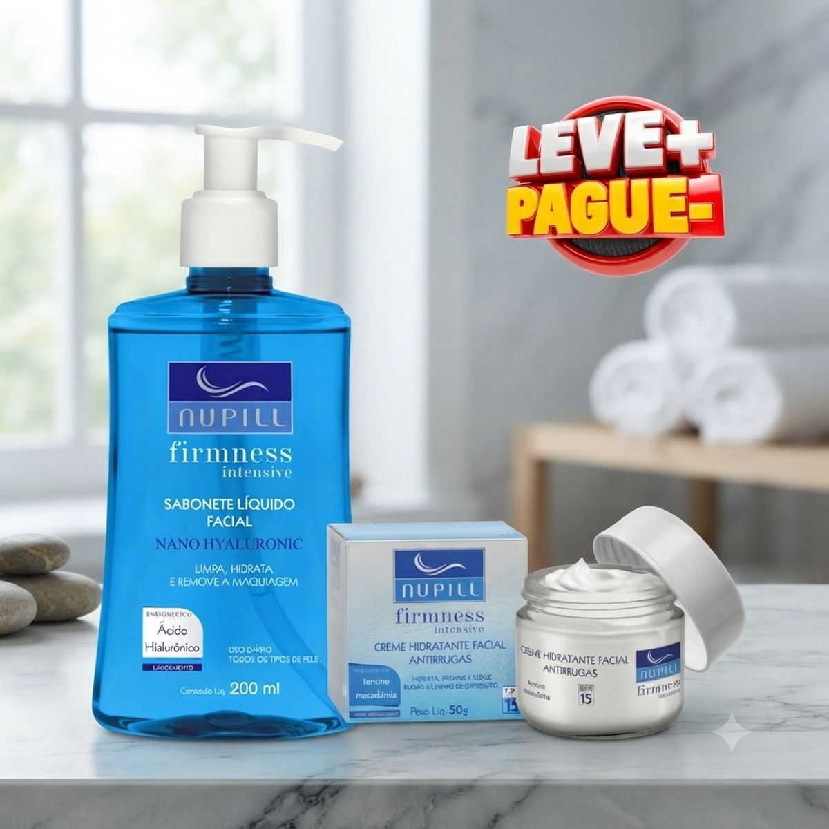 KIT NUPILL SABONETE LÍQUIDO FACIAL HYALURONIC 200ML + CREME ANTIRRUGAS FPD 15 TE