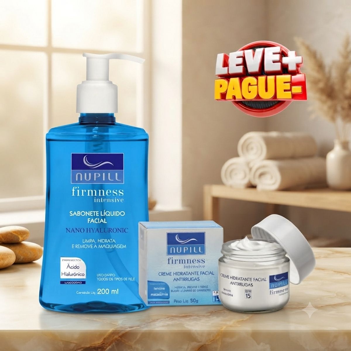 KIT NUPILL SABONETE LÍQUIDO FACIAL HYALURONIC 200ML + CREME ANTIRRUGAS FPD 15 TE
