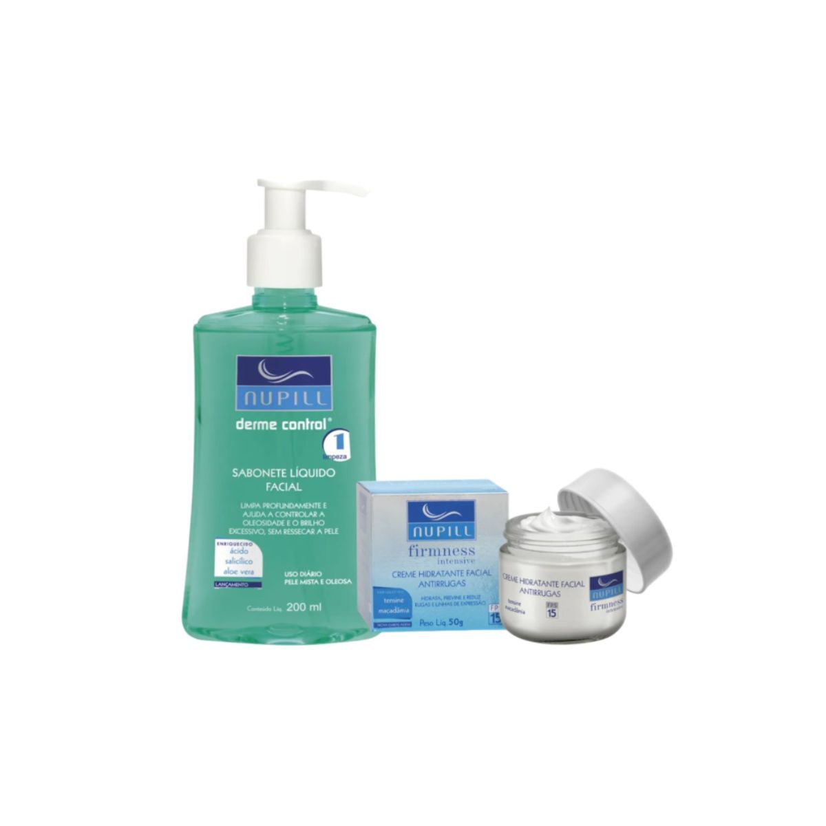 KIT NUPILL SABONETE LÍQUIDO FACIAL DERME CONTROL + CREME FACIAL ANTIRRUGAS TENSI