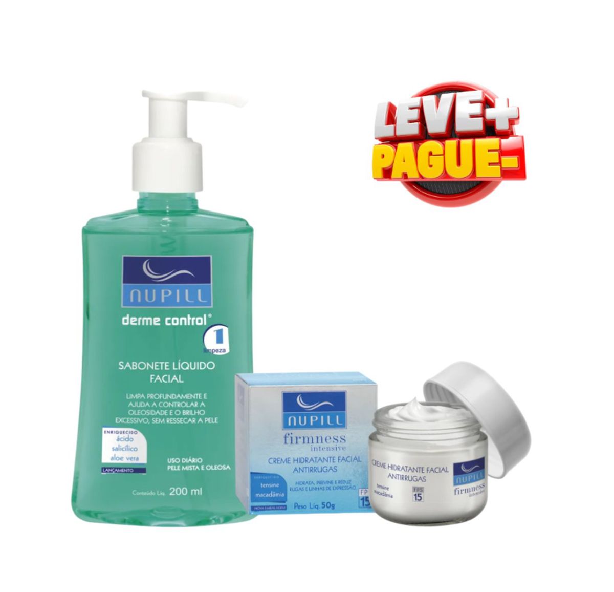 KIT NUPILL SABONETE LÍQUIDO FACIAL DERME CONTROL + CREME FACIAL ANTIRRUGAS TENSI