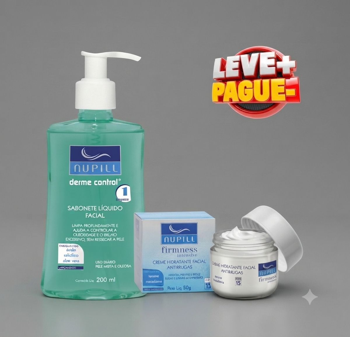 KIT NUPILL SABONETE LÍQUIDO FACIAL DERME CONTROL + CREME FACIAL ANTIRRUGAS TENSI