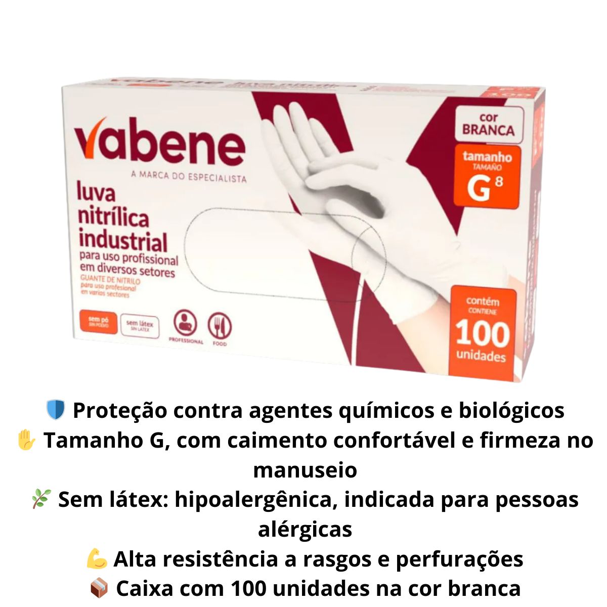 LUVA NITRILICA VABENE PROTEÇÃO IND BRANCA G C/100