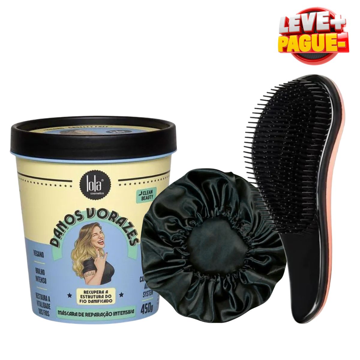 KIT LOLA MÁSCARA DANOS VORAZES 450G + ESCOVA MÁGICA ANTI FRIZZ + TOUCA DE CETIM