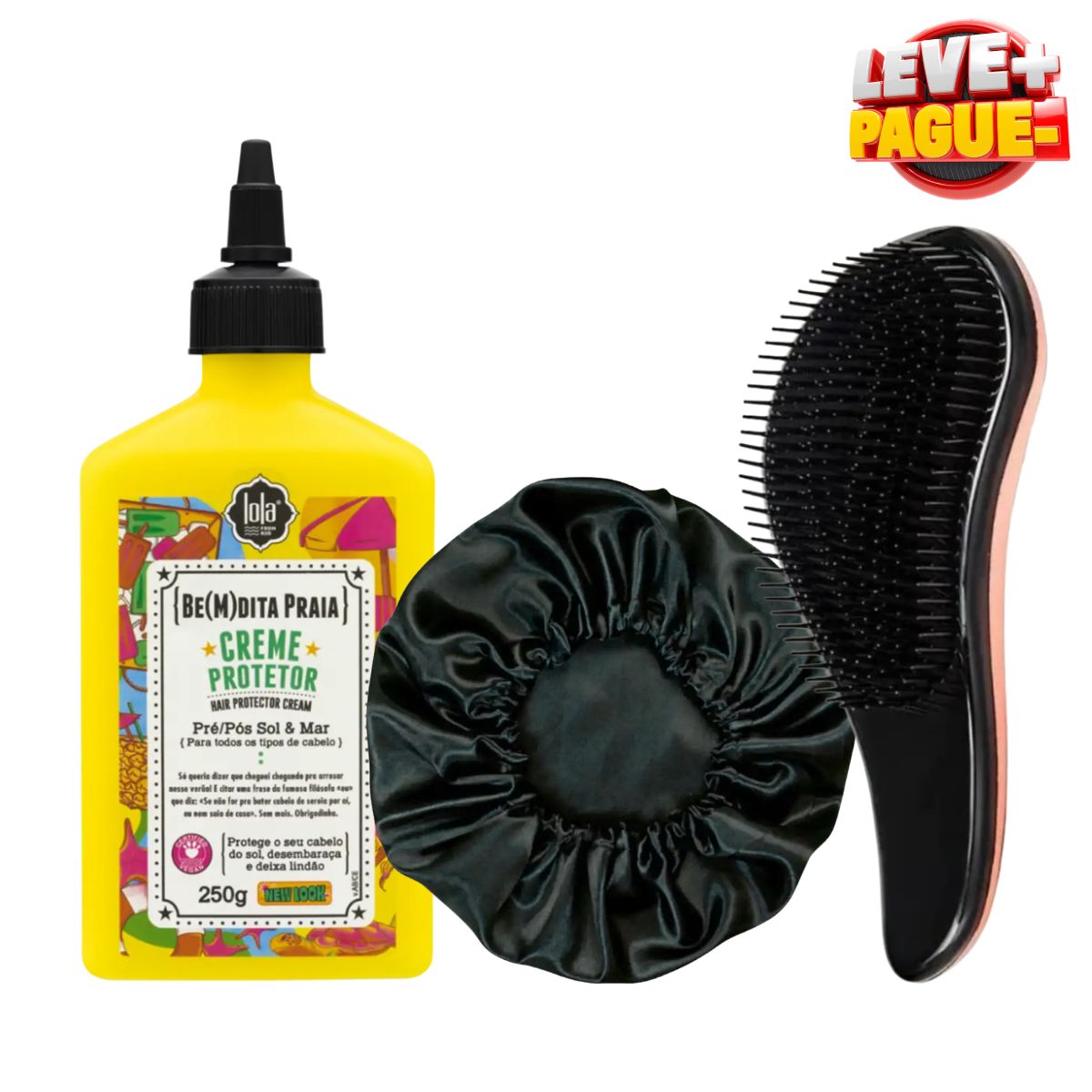 KIT LOLA CREME BEMDITA GHEE PRÉ E PÓS PRAIA 250G + TROUCA DE CETIM ANTI FRIZZ +