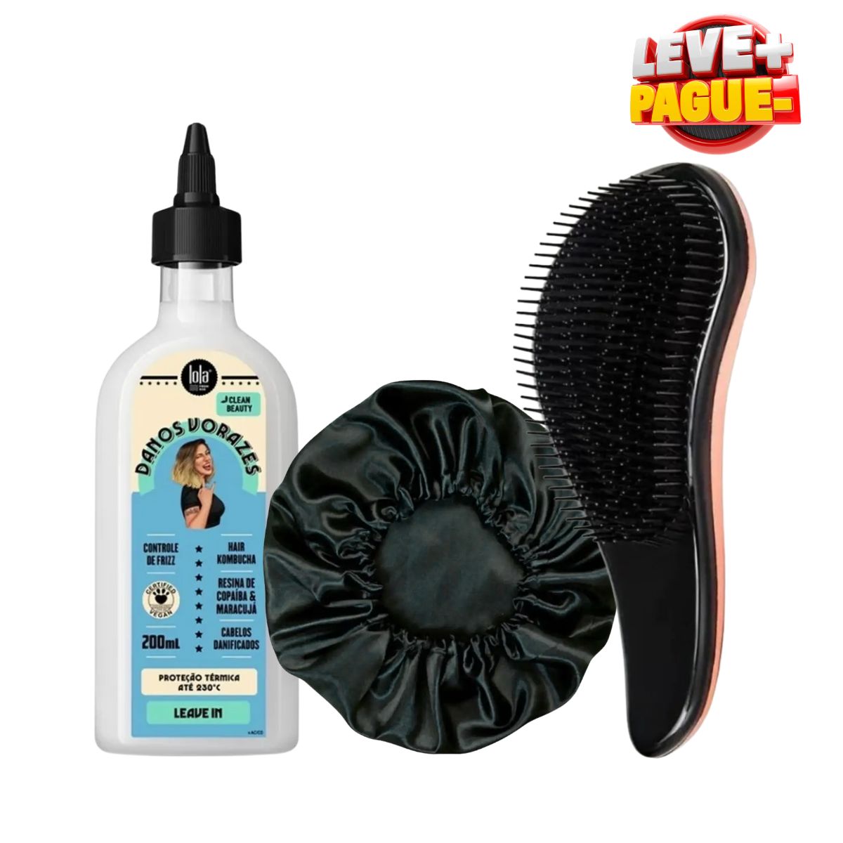 KIT LOLA LEAVE-IN DANOS VORAZES 200ML + ESCOVA MÁGICA ANTI FRIZZ + TOUCA DE CETI