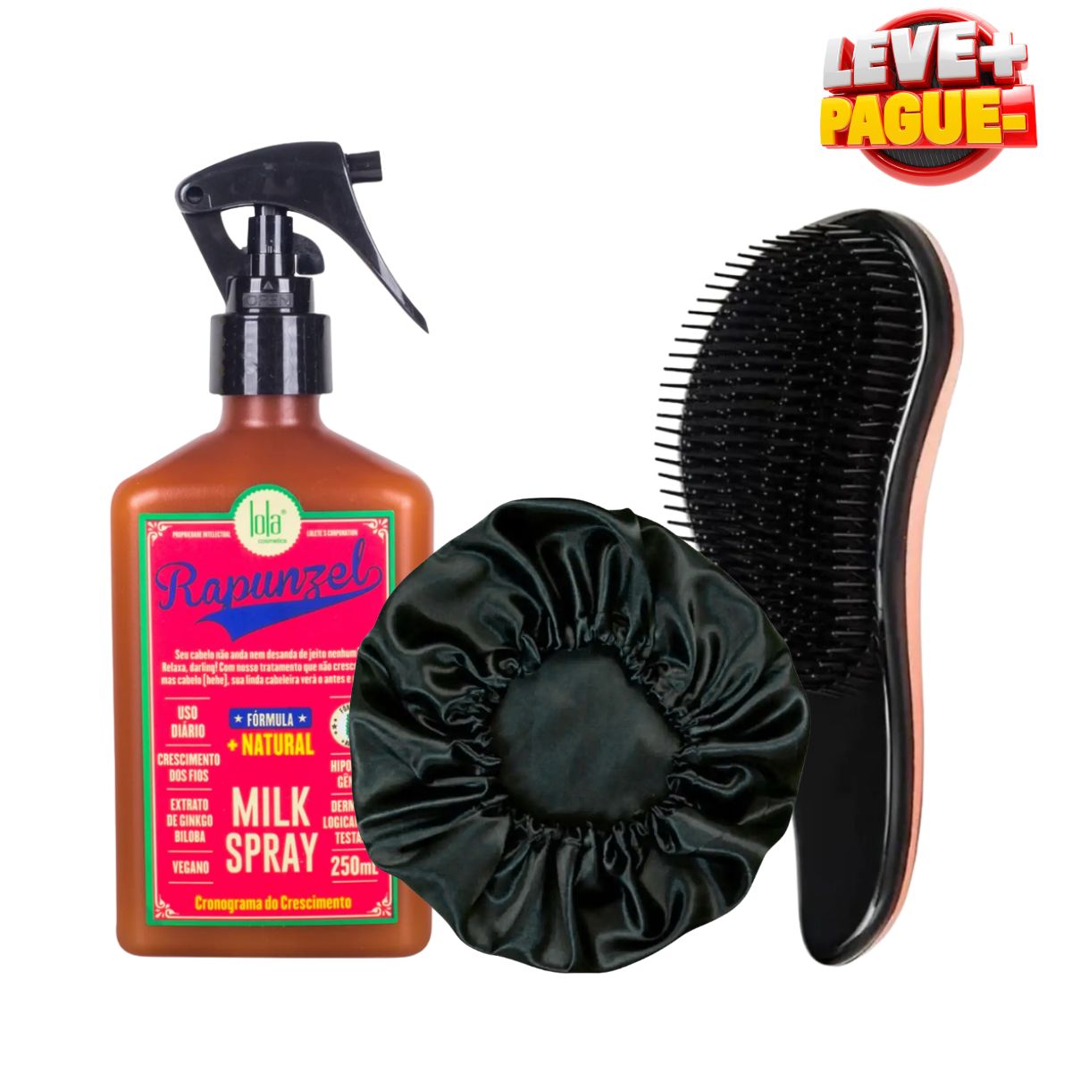 KIT LOLA LEAVE-IN SPRAY MILK RAPUNZEL 250ML + ESCOVA MÁGICA ANTI FRIZZ + TOUCA D