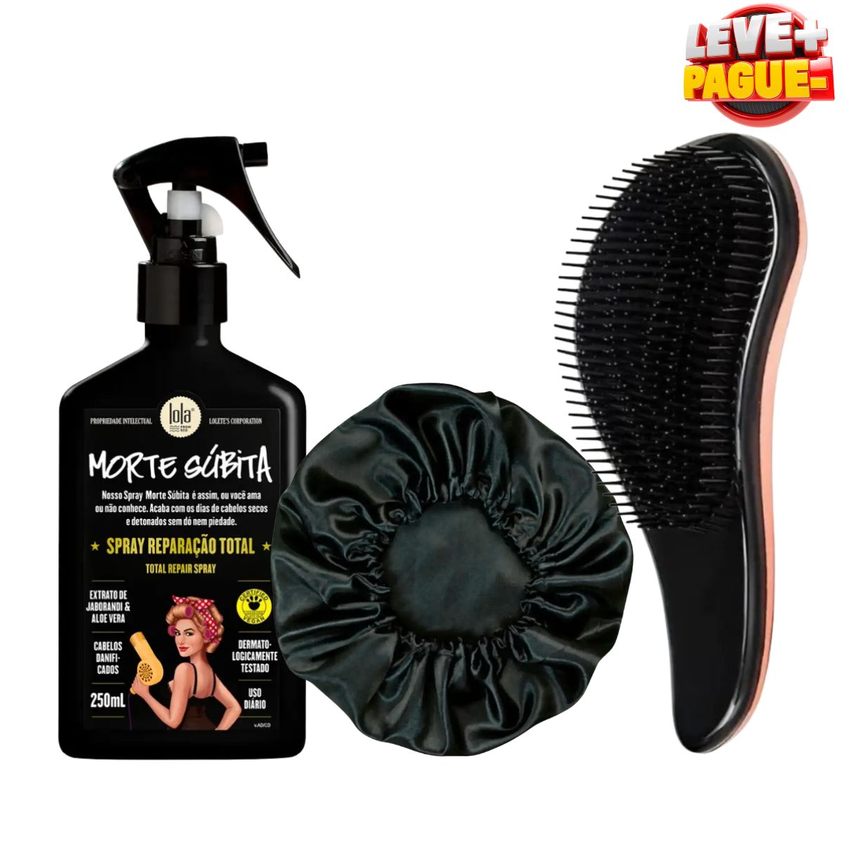 KIT LOLA SPRAY MORTE SÚBITA REPARAÇÃO TOTAL 150ML + TOUCA DE CETIM ANTI FRIZZ +