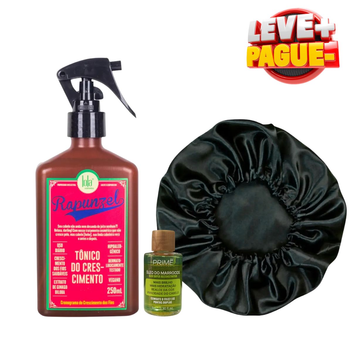 KIT LOLA TÔNICO DE CRESCIMENTO RAPUNZEL 250ML + TOUCA DE CETIM ANTI FRIZZ + ÓLEO