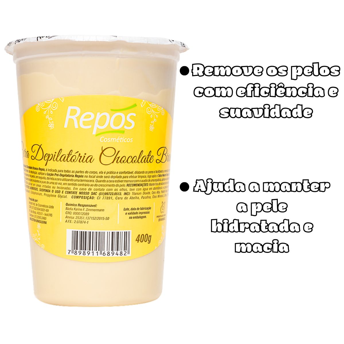 CERA DEPILATÓRIA EM POTE CHOCOLATE BRANCO REPOS 400G